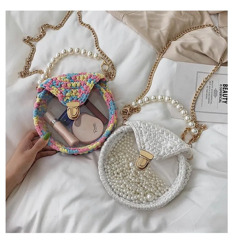 Cute Round Crochet Crossbody Purse PMMA Crochet Shoulder Round Handbag for Girl Circle Crochet Crossbody Purses