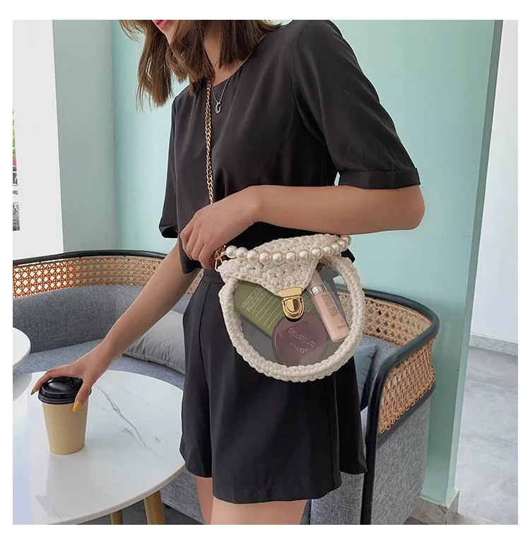 Cute Round Crochet Crossbody Purse PMMA Crochet Shoulder Round Handbag for Girl Circle Crochet Crossbody Purses