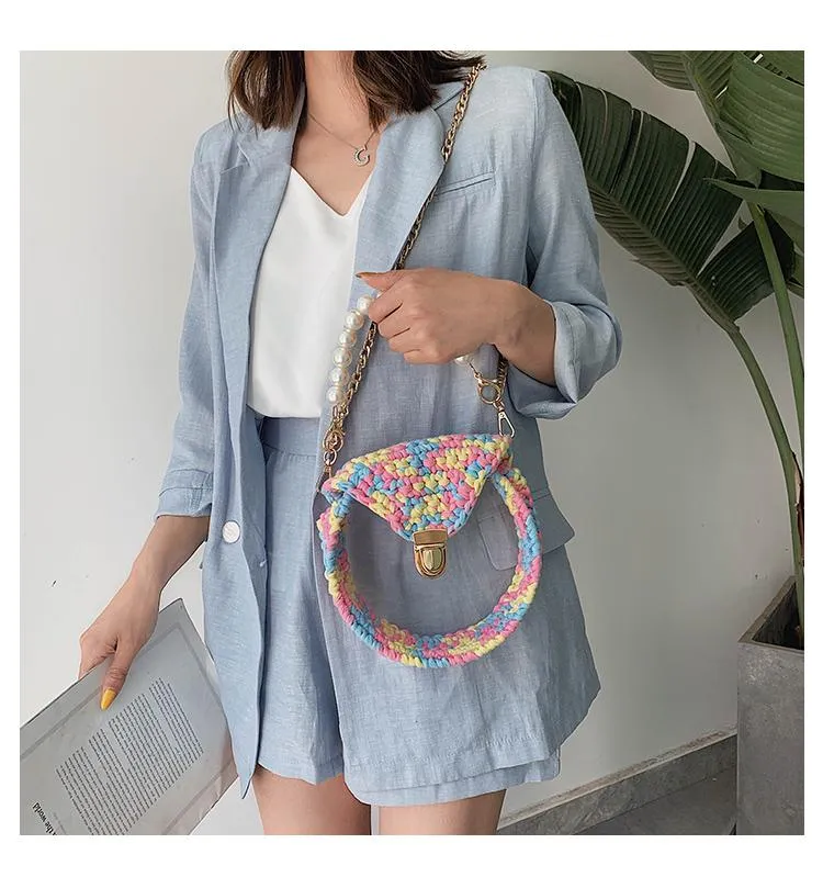Cute Round Crochet Crossbody Purse PMMA Crochet Shoulder Round Handbag for Girl Circle Crochet Crossbody Purses
