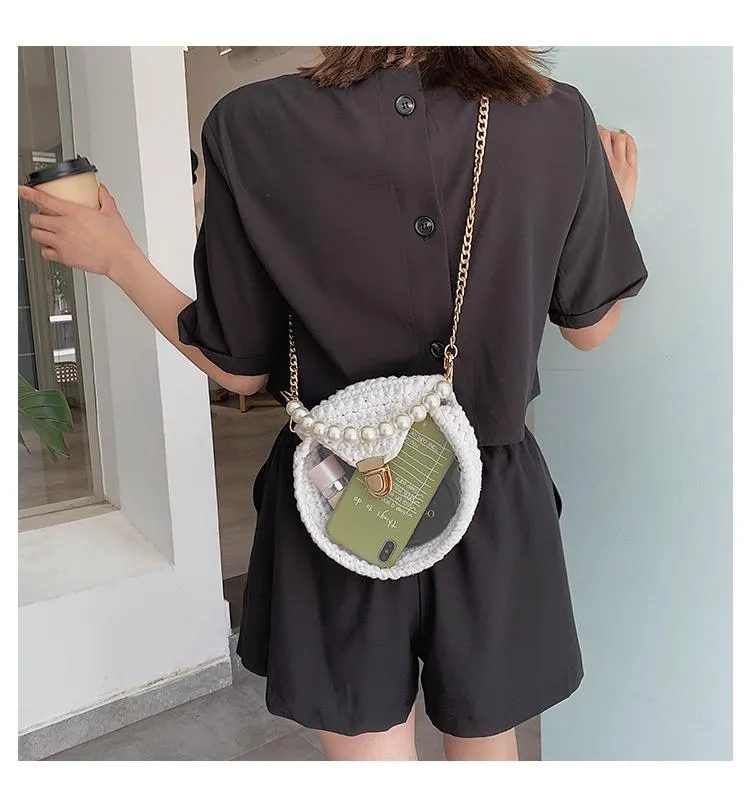 Cute Round Crochet Crossbody Purse PMMA Crochet Shoulder Round Handbag for Girl Circle Crochet Crossbody Purses