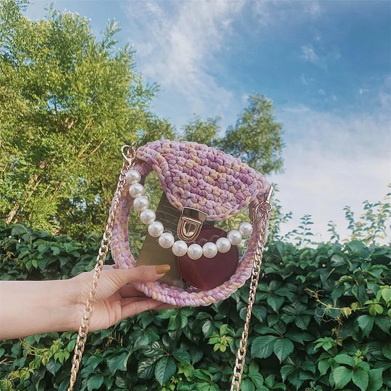 Cute Round Crochet Crossbody Purse PMMA Crochet Shoulder Round Handbag for Girl Circle Crochet Crossbody Purses