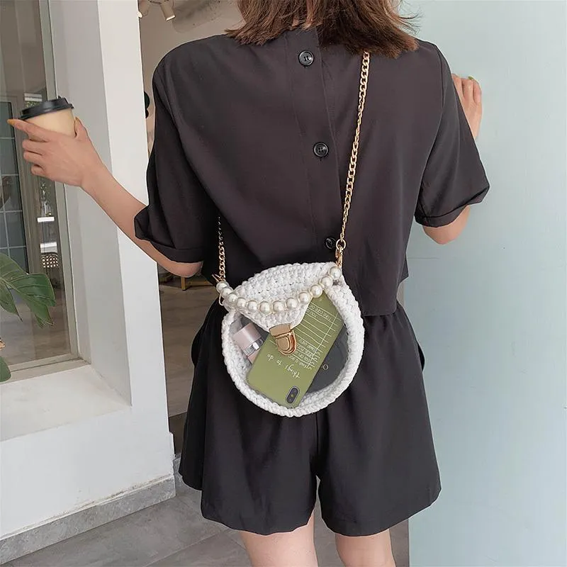 Cute Round Crochet Crossbody Purse PMMA Crochet Shoulder Round Handbag for Girl Circle Crochet Crossbody Purses