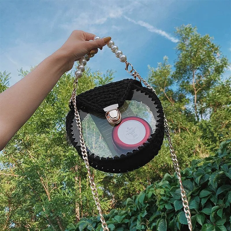 Cute Round Crochet Crossbody Purse PMMA Crochet Shoulder Round Handbag for Girl Circle Crochet Crossbody Purses