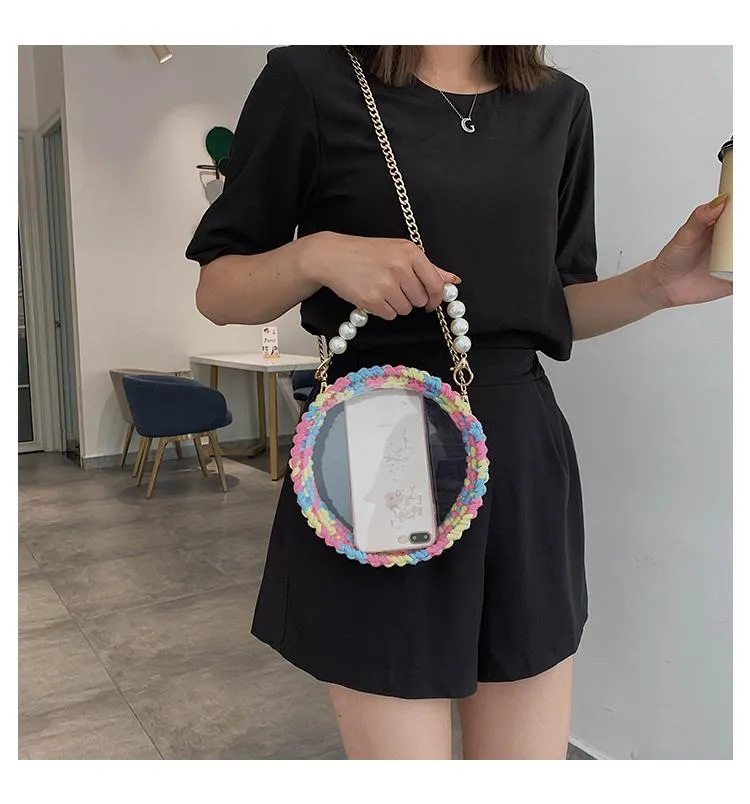 Cute Round Crochet Crossbody Purse PMMA Crochet Shoulder Round Handbag for Girl Circle Crochet Crossbody Purses