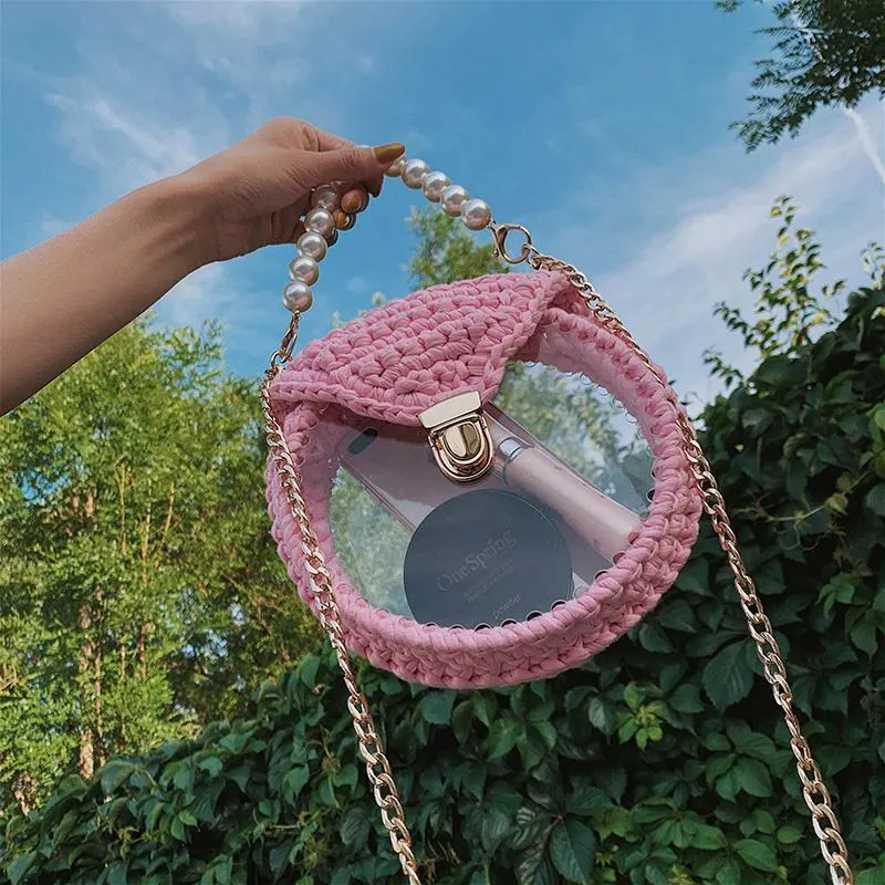 Cute Round Crochet Crossbody Purse PMMA Crochet Shoulder Round Handbag for Girl Circle Crochet Crossbody Purses