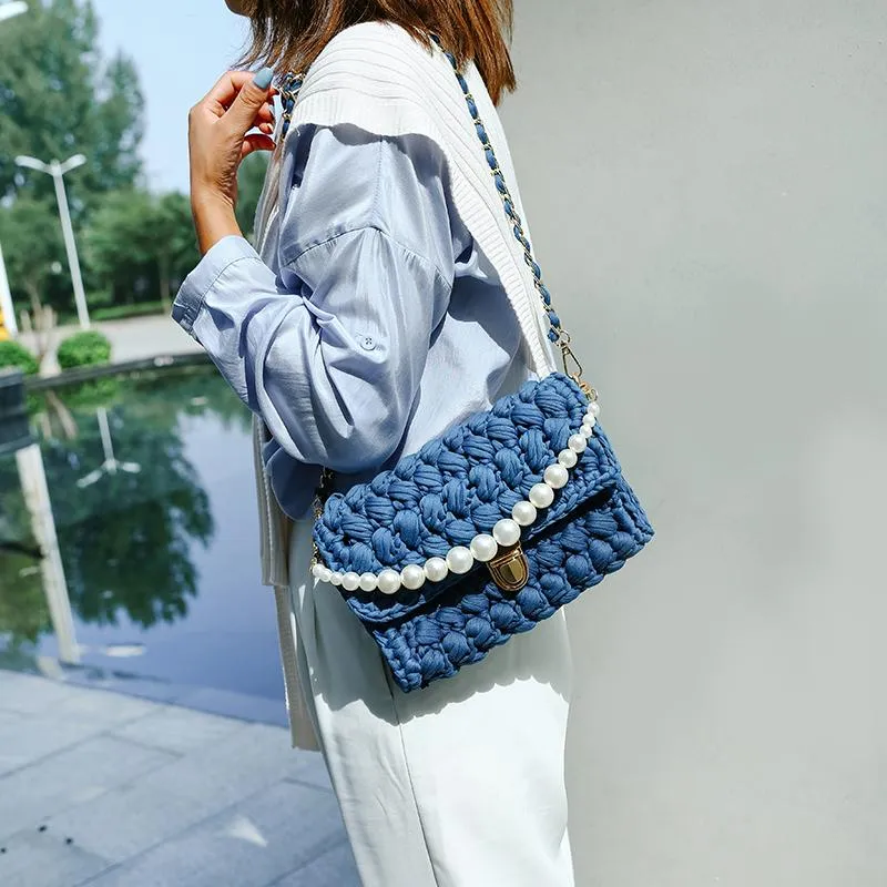 Cute White&Blue Crochet Small Handbag Crossbody Purse Crochet Shoulder Bag for Girl Cute Crochet Purses