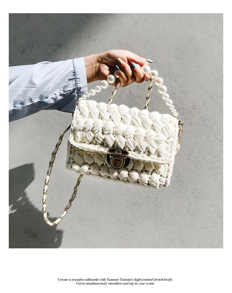 Cute White&Blue Crochet Small Handbag Crossbody Purse Crochet Shoulder Bag for Girl Cute Crochet Purses