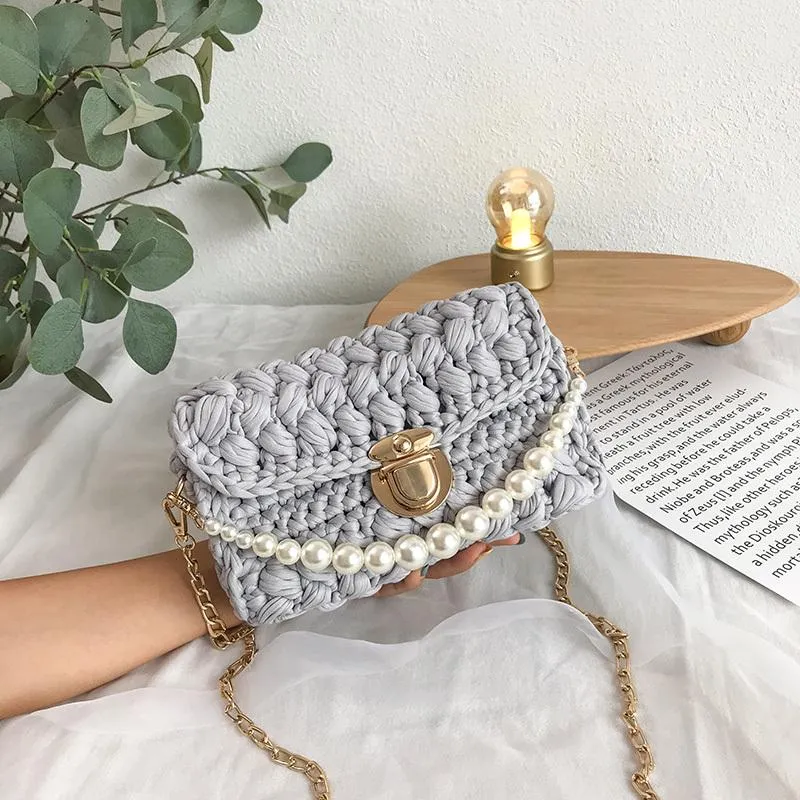 Cute White&Blue Crochet Small Handbag Crossbody Purse Crochet Shoulder Bag for Girl Cute Crochet Purses