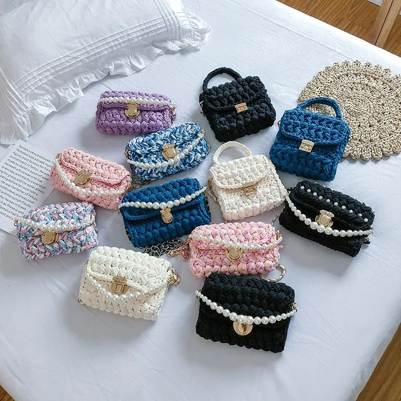 Cute White&Blue Crochet Small Handbag Crossbody Purse Crochet Shoulder Bag for Girl Cute Crochet Purses