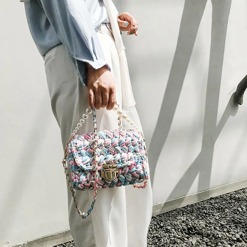 Cute White&Blue Crochet Small Handbag Crossbody Purse Crochet Shoulder Bag for Girl Cute Crochet Purses