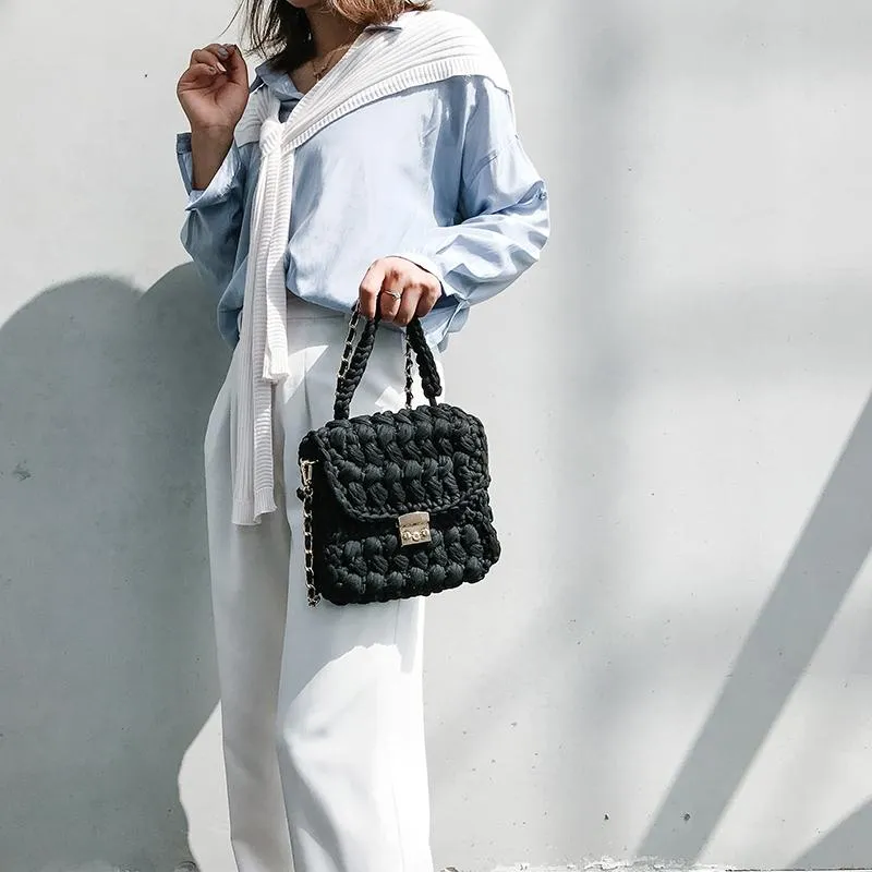 Cute White&Blue Crochet Small Handbag Crossbody Purse Crochet Shoulder Bag for Girl Cute Crochet Purses