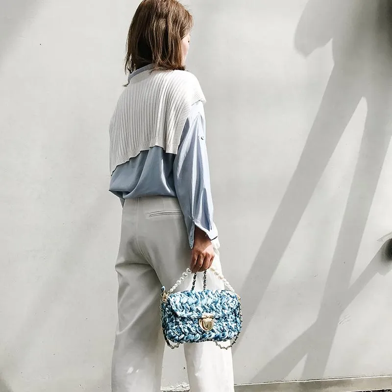 Cute White&Blue Crochet Small Handbag Crossbody Purse Crochet Shoulder Bag for Girl Cute Crochet Purses