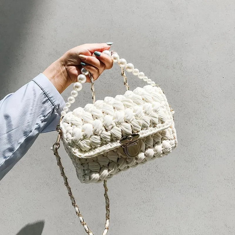 Cute White&Blue Crochet Small Handbag Crossbody Purse Crochet Shoulder Bag for Girl Cute Crochet Purses