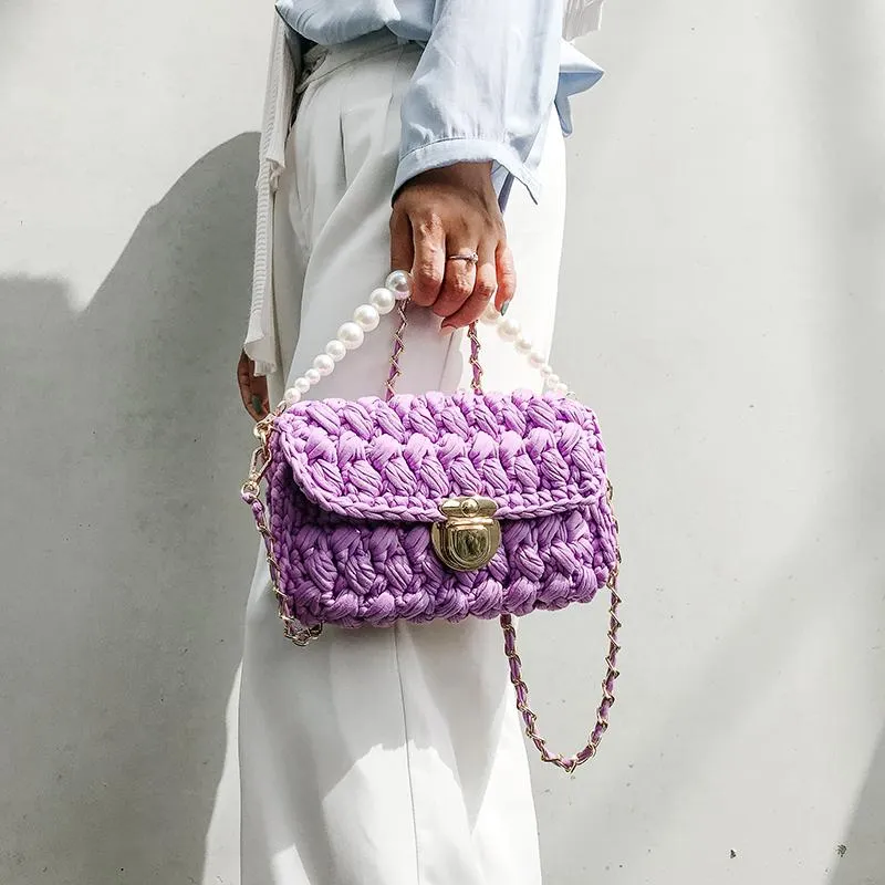Cute White&Blue Crochet Small Handbag Crossbody Purse Crochet Shoulder Bag for Girl Cute Crochet Purses