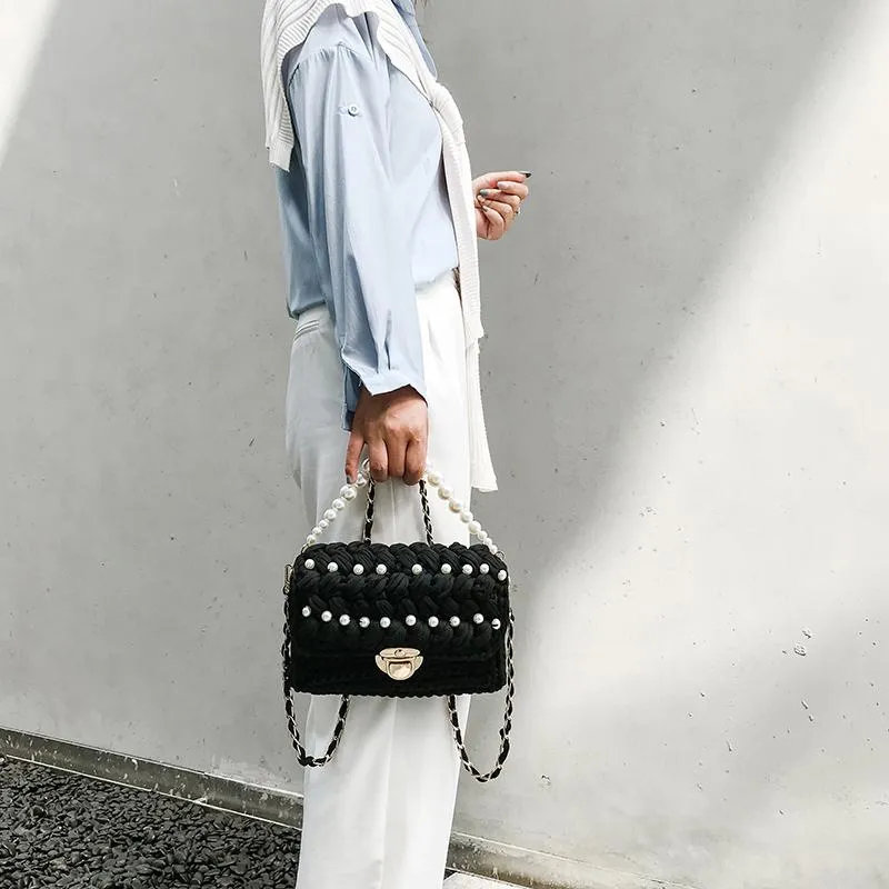 Cute White&Blue Crochet Small Handbag Crossbody Purse Crochet Shoulder Bag for Girl Cute Crochet Purses