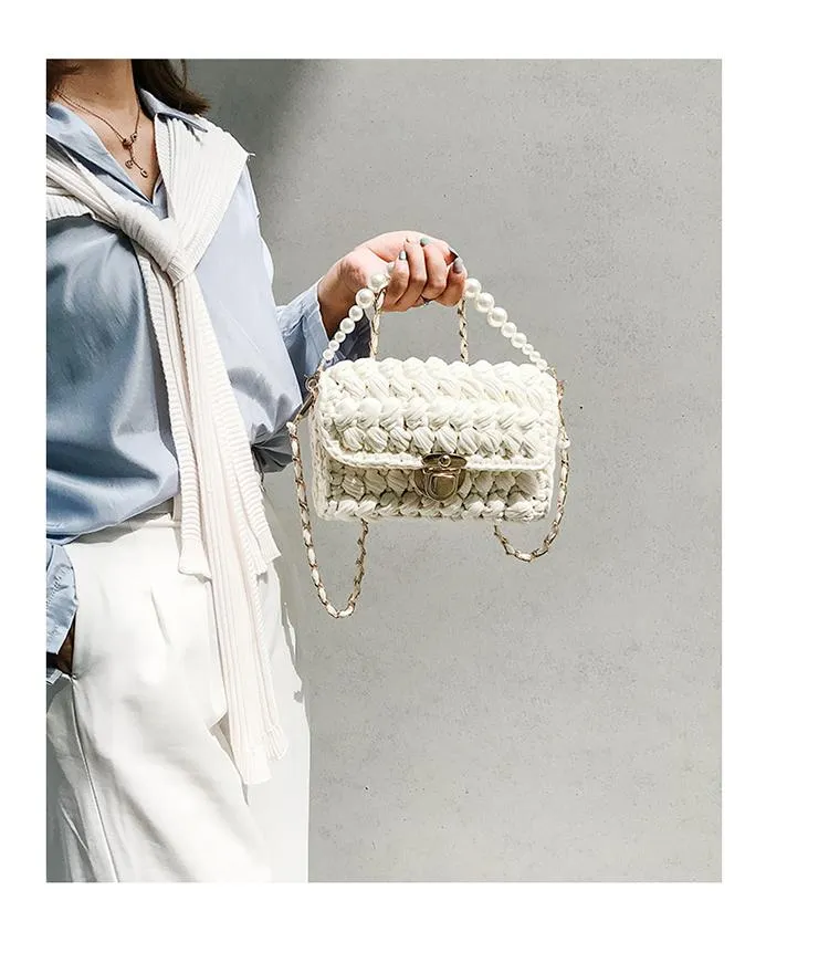 Cute White&Blue Crochet Small Handbag Crossbody Purse Crochet Shoulder Bag for Girl Cute Crochet Purses