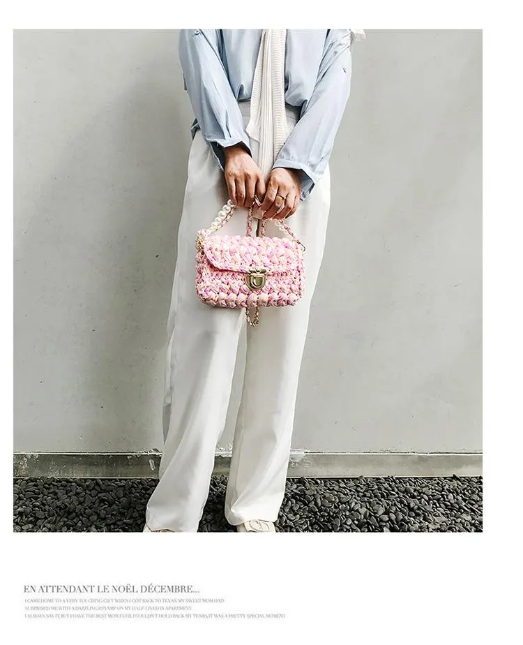 Cute White&Blue Crochet Small Handbag Crossbody Purse Crochet Shoulder Bag for Girl Cute Crochet Purses