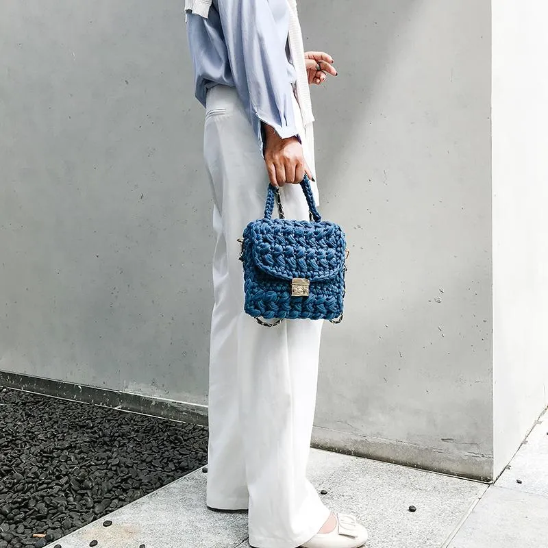 Cute White&Blue Crochet Small Handbag Crossbody Purse Crochet Shoulder Bag for Girl Cute Crochet Purses
