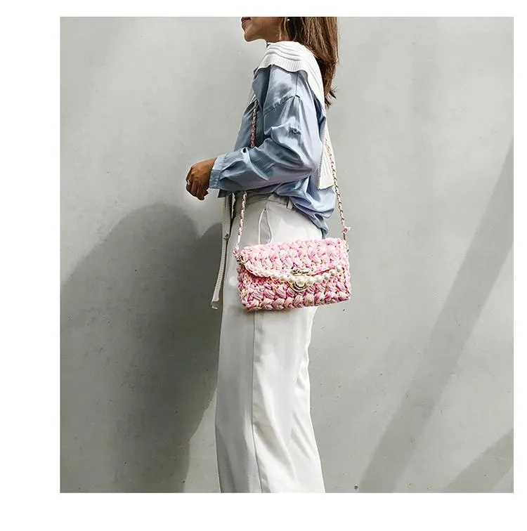 Cute White&Blue Crochet Small Handbag Crossbody Purse Crochet Shoulder Bag for Girl Cute Crochet Purses