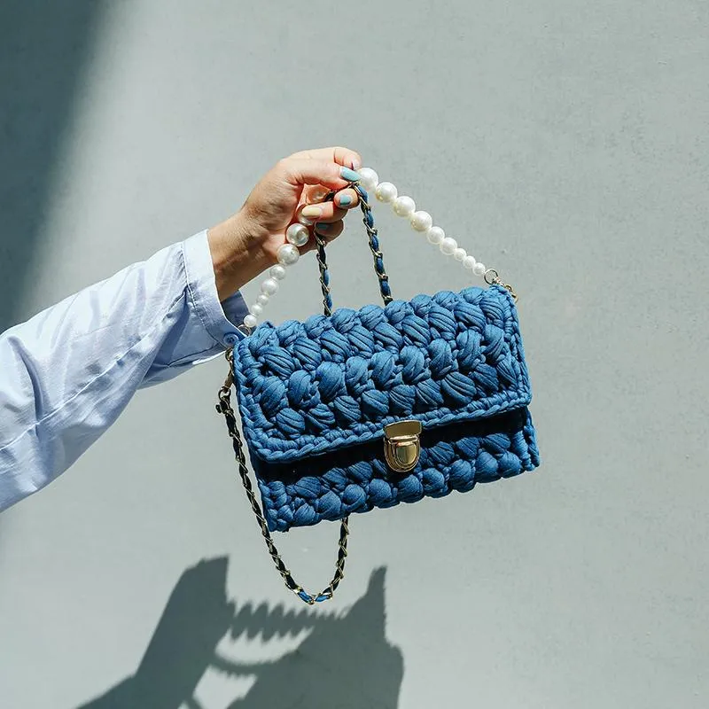 Cute White&Blue Crochet Small Handbag Crossbody Purse Crochet Shoulder Bag for Girl Cute Crochet Purses
