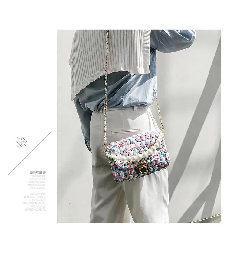 Cute White&Blue Crochet Small Handbag Crossbody Purse Crochet Shoulder Bag for Girl Cute Crochet Purses