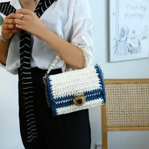 Cute White&Blue Crochet Small Handbag Crossbody Purse Crochet Shoulder Bag for Girl Cute Crochet Purses