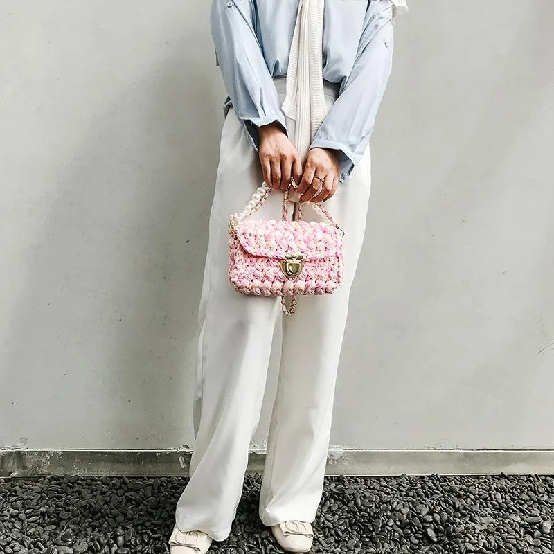 Cute White&Blue Crochet Small Handbag Crossbody Purse Crochet Shoulder Bag for Girl Cute Crochet Purses
