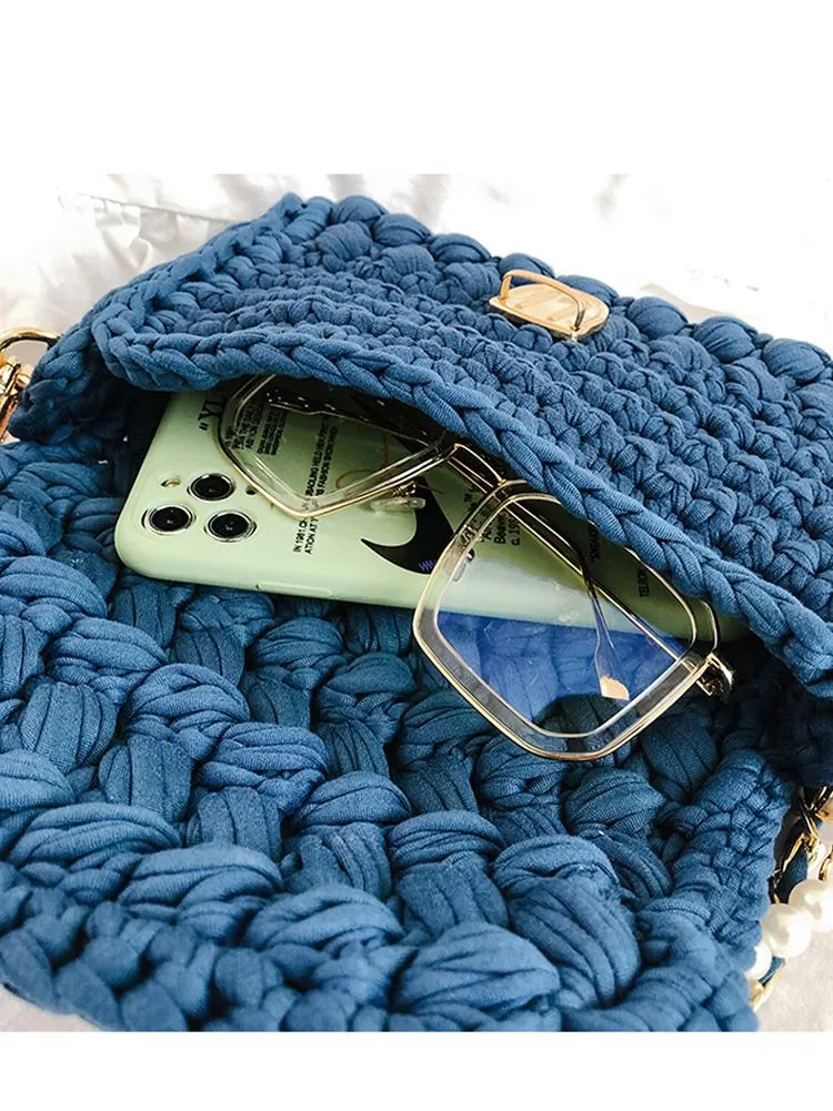 Cute White&Blue Crochet Small Handbag Crossbody Purse Crochet Shoulder Bag for Girl Cute Crochet Purses