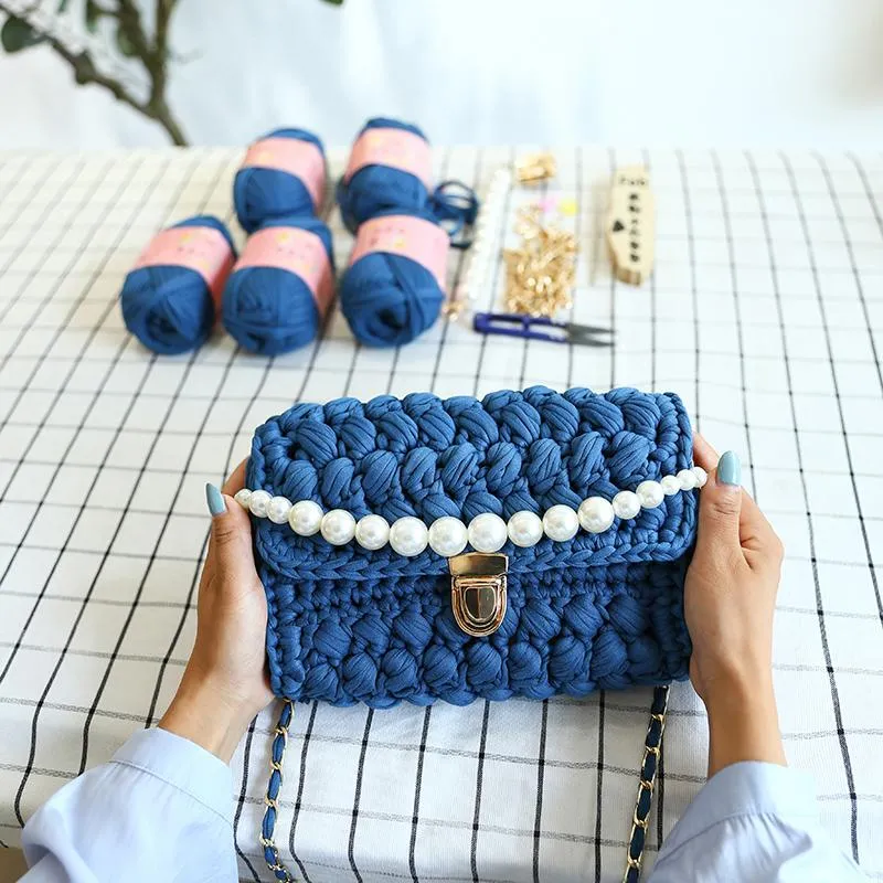 Cute White&Blue Crochet Small Handbag Crossbody Purse Crochet Shoulder Bag for Girl Cute Crochet Purses
