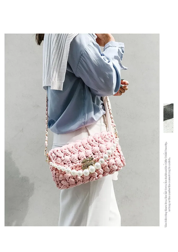 Cute White&Blue Crochet Small Handbag Crossbody Purse Crochet Shoulder Bag for Girl Cute Crochet Purses