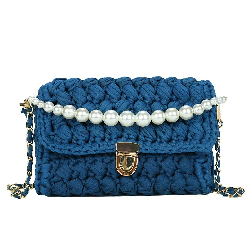Cute White&Blue Crochet Small Handbag Crossbody Purse Crochet Shoulder Bag for Girl Cute Crochet Purses