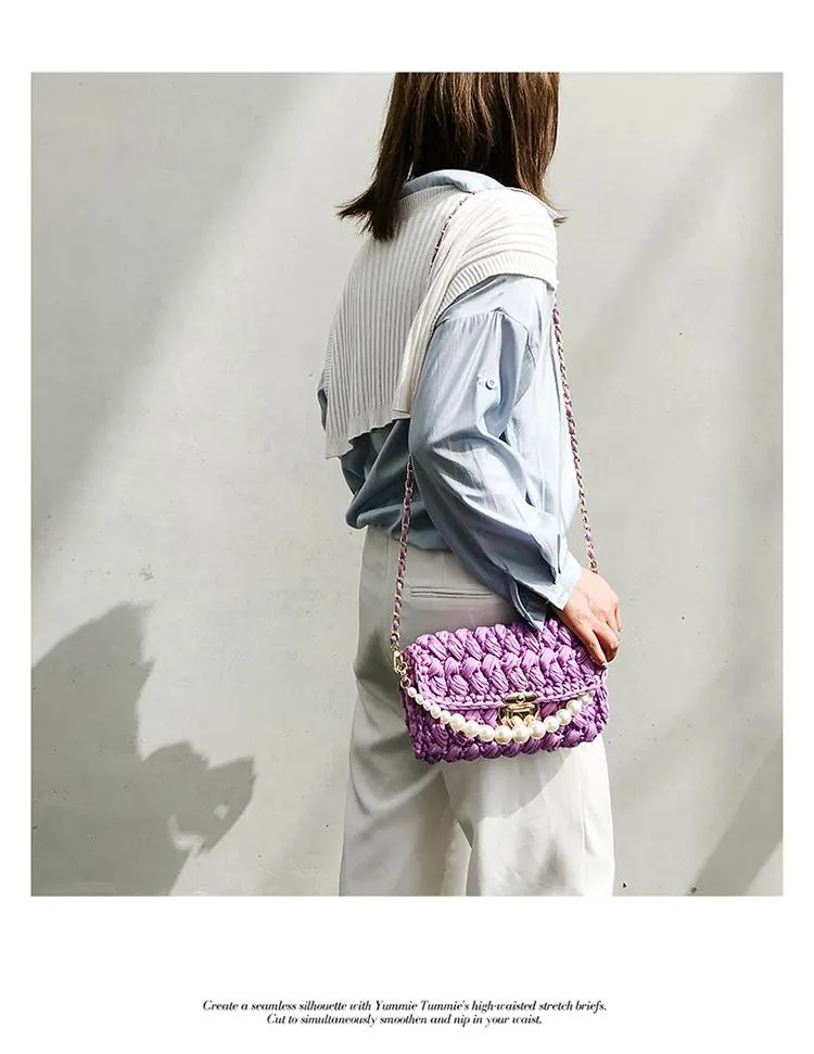 Cute White&Blue Crochet Small Handbag Crossbody Purse Crochet Shoulder Bag for Girl Cute Crochet Purses