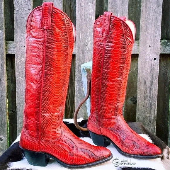 DAN POST Vintage Red Snakeskin Python Tall Knee High Cowgirl Cowboy Western Boots