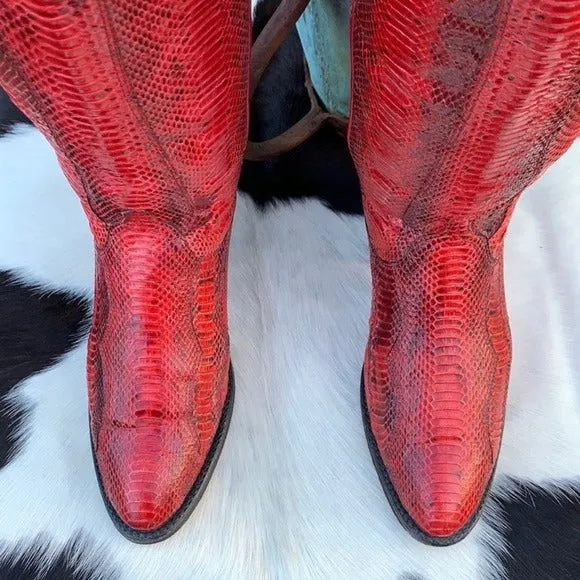 DAN POST Vintage Red Snakeskin Python Tall Knee High Cowgirl Cowboy Western Boots