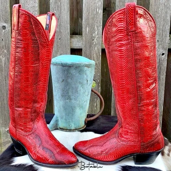 DAN POST Vintage Red Snakeskin Python Tall Knee High Cowgirl Cowboy Western Boots