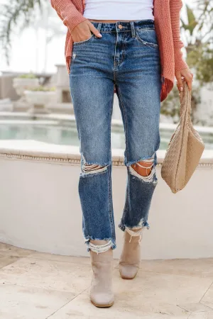 Dark Wash Distressed Blue Melody Vintage Crop Straight Jeans