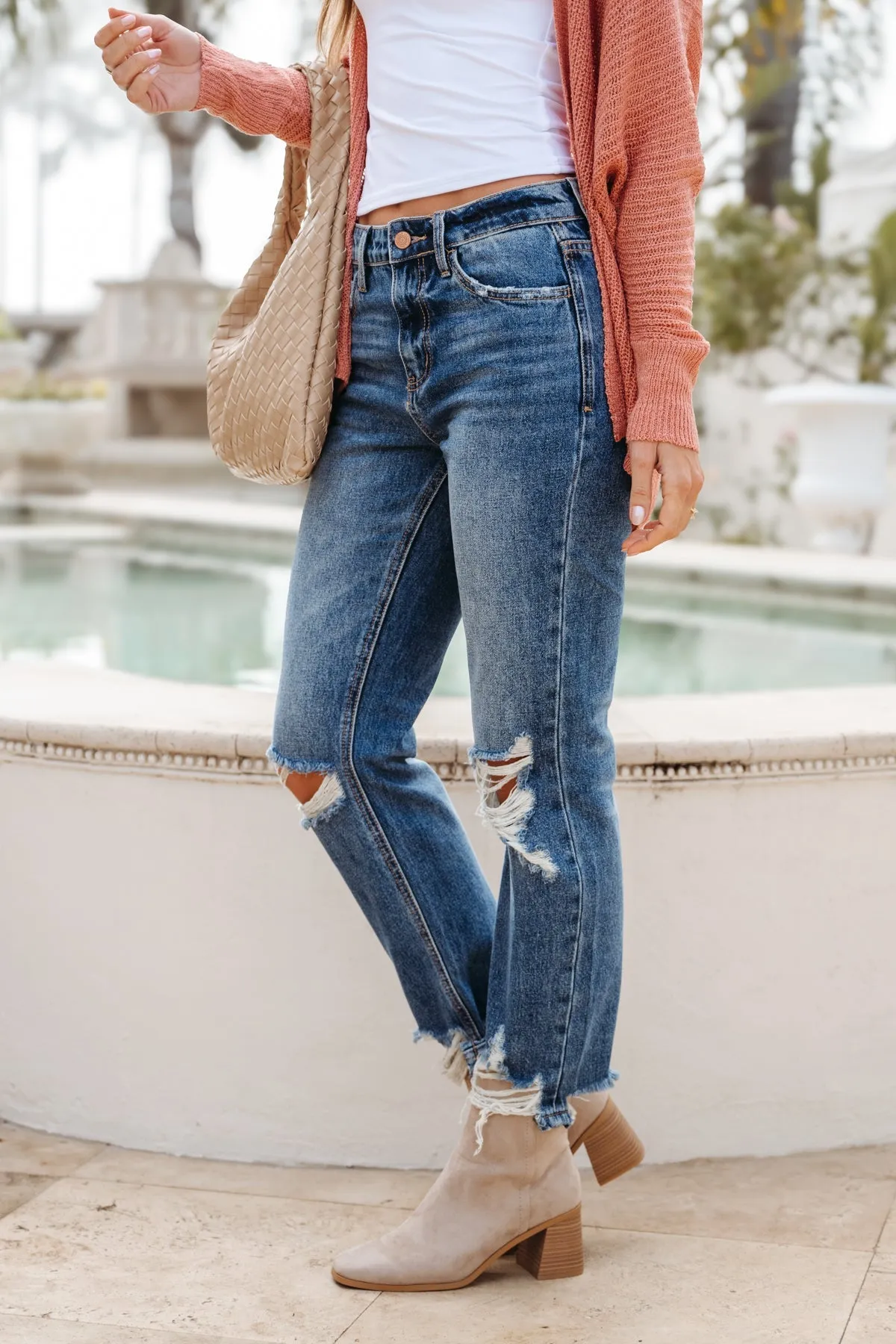 Dark Wash Distressed Blue Melody Vintage Crop Straight Jeans