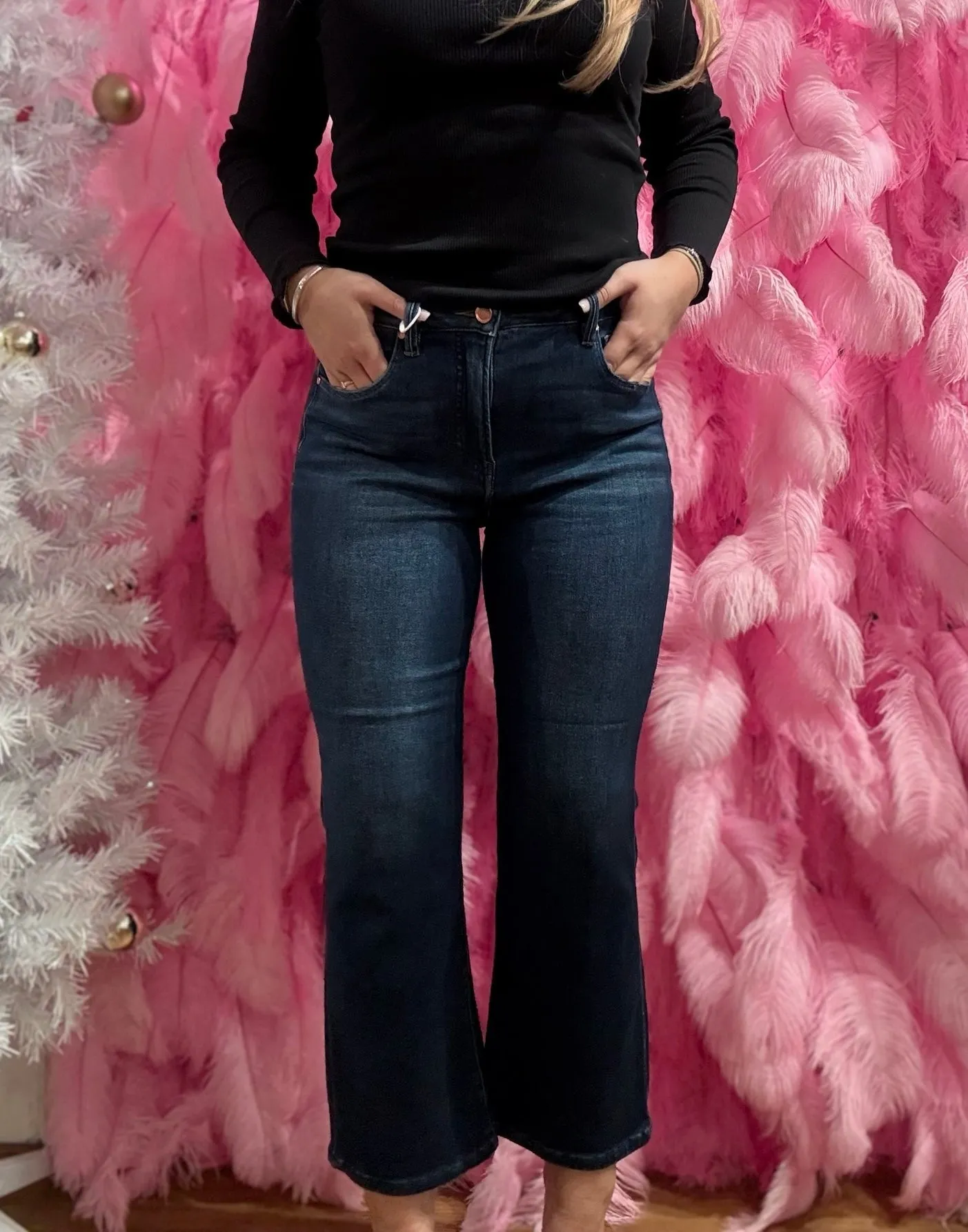 Dark Wash High Rise Crop Bootcut Tummy Control Jeans - Risen Jeans