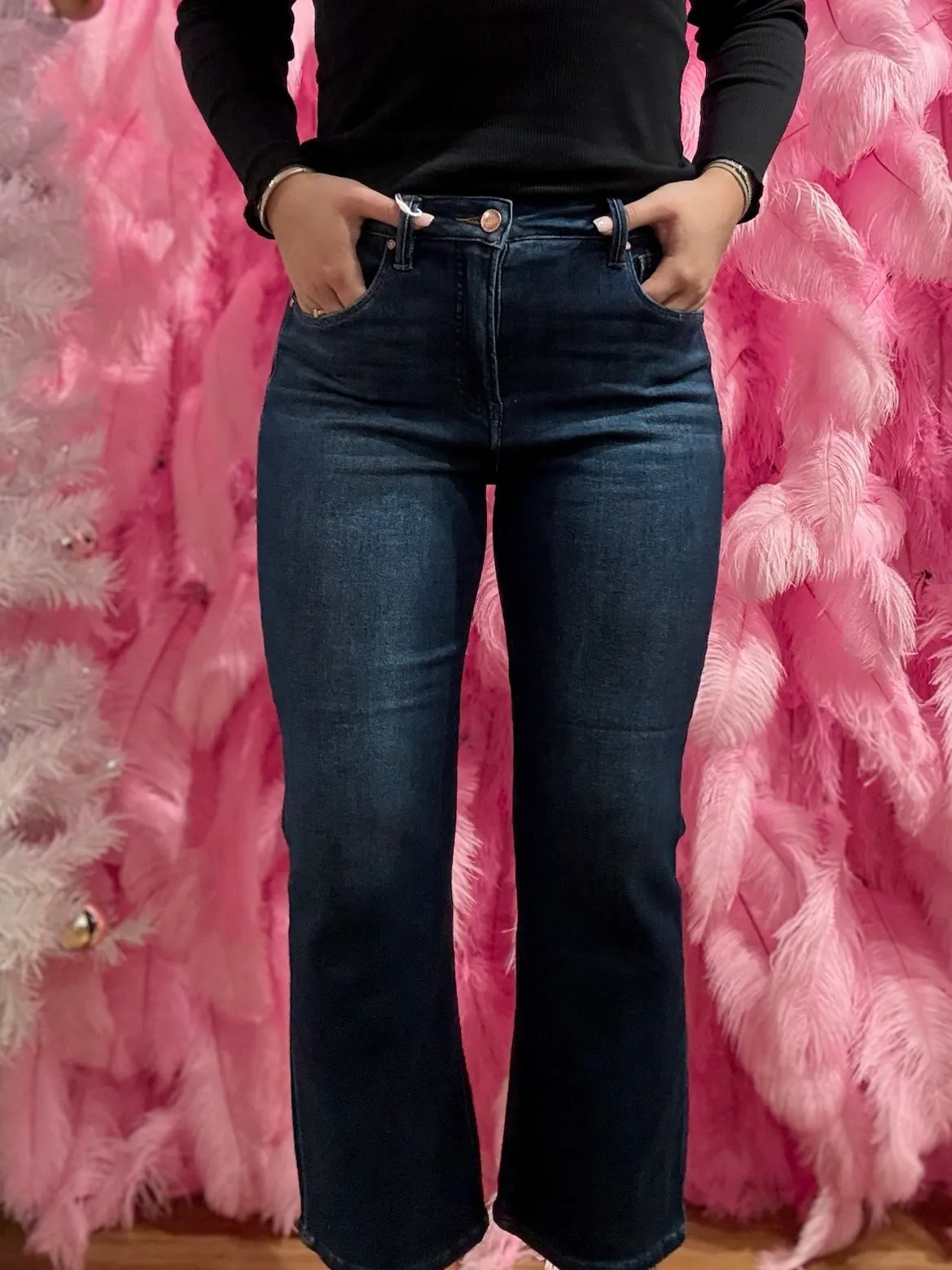 Dark Wash High Rise Crop Bootcut Tummy Control Jeans - Risen Jeans