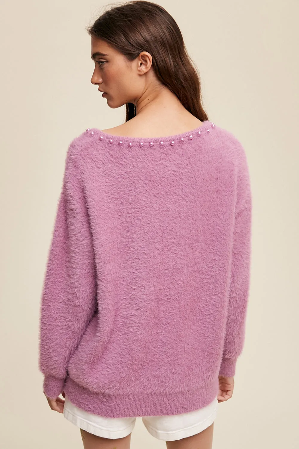 Deep V-Neck Pearl Detail Fuzzy Knit Sweater | Lilac