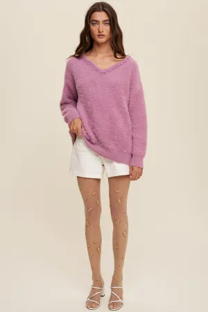 Deep V-Neck Pearl Detail Fuzzy Knit Sweater | Lilac