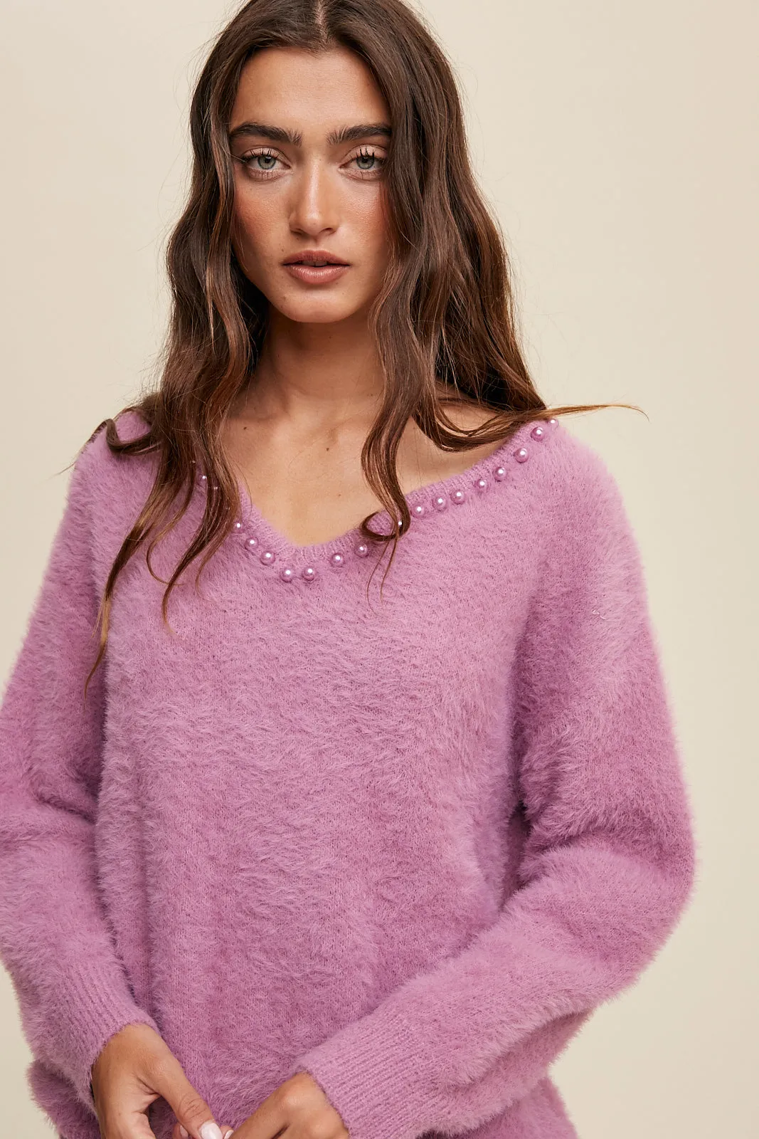 Deep V-Neck Pearl Detail Fuzzy Knit Sweater | Lilac