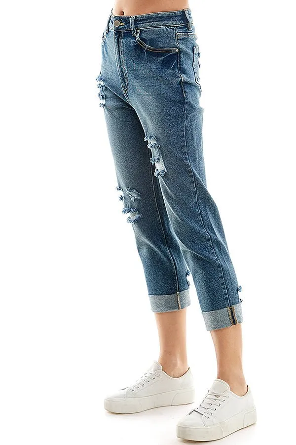 DESTRUCTED CUFFED MOM JEANS