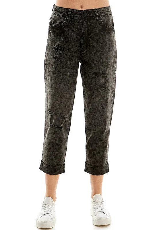 DESTRUCTED CUFFED MOM JEANS