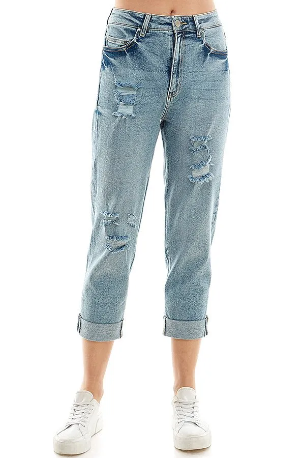 DESTRUCTED CUFFED MOM JEANS