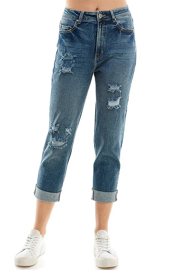 DESTRUCTED CUFFED MOM JEANS