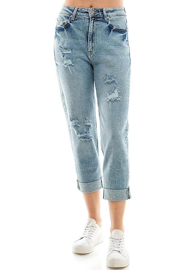 DESTRUCTED CUFFED MOM JEANS