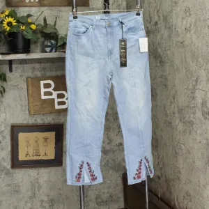 DG2 by Diane Gilman Front Slit Bootcut Jeans Embroidry Floral Chambray Blue 10