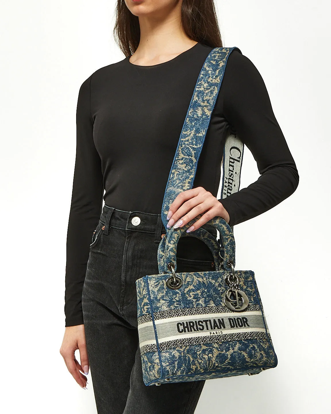 Dior Blue Denim Jardin Magique Embroidery Canvas Medium Lady D-Lite Bag