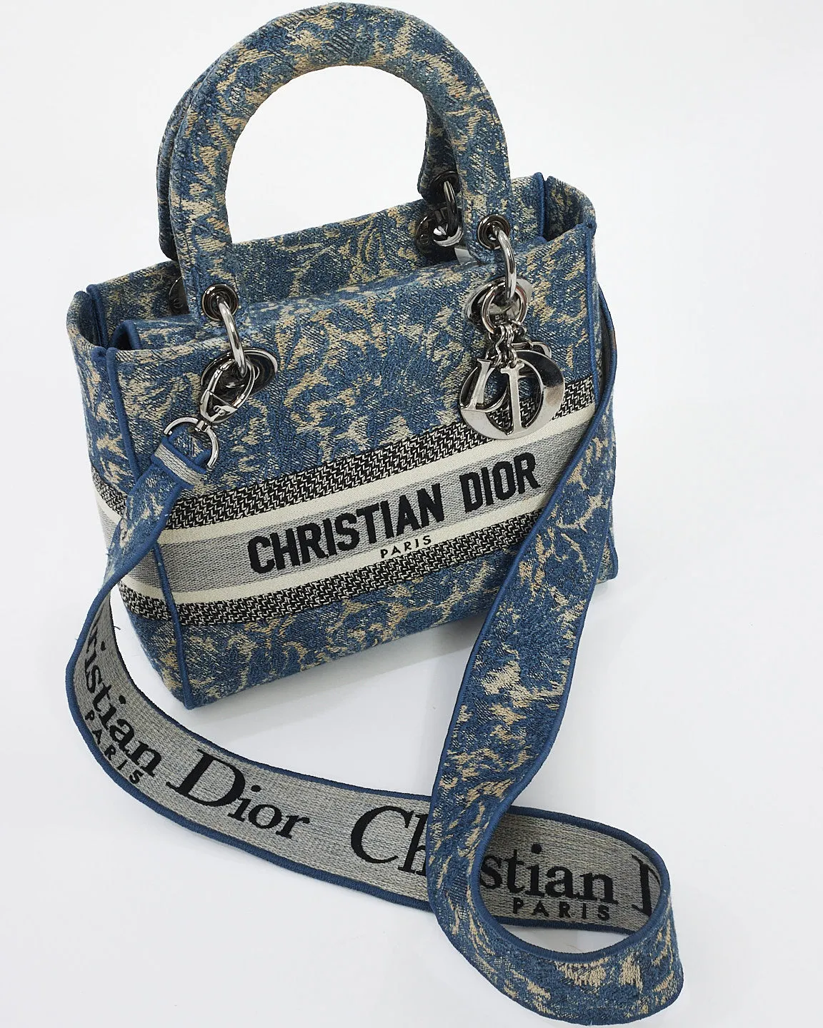 Dior Blue Denim Jardin Magique Embroidery Canvas Medium Lady D-Lite Bag